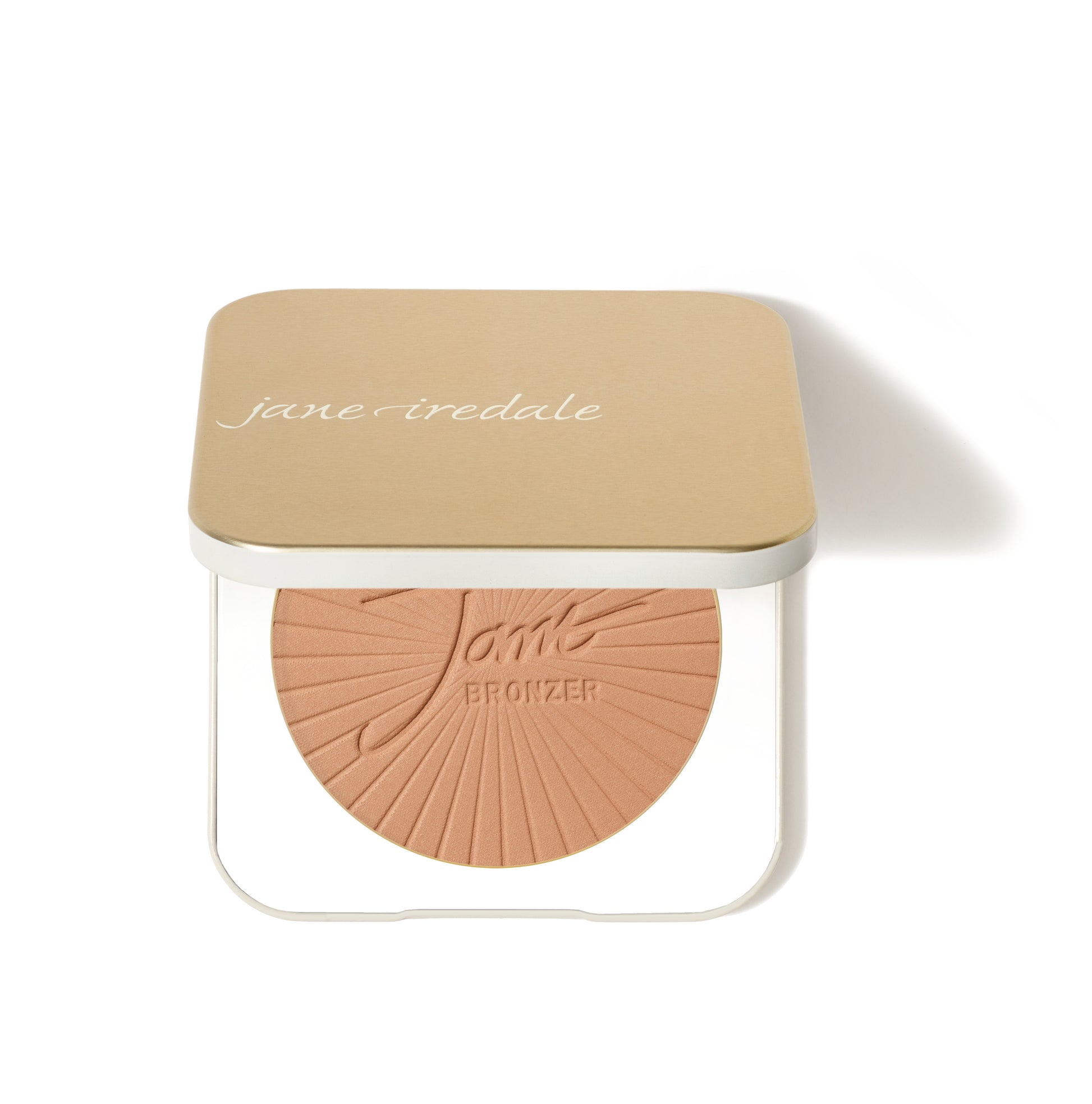 Jane Iredale compact with PureBronze™ Matte Bronzer Powder Refill, featuring BRONZER embossed on the matte, finely milled powder for natural, buildable contouring.