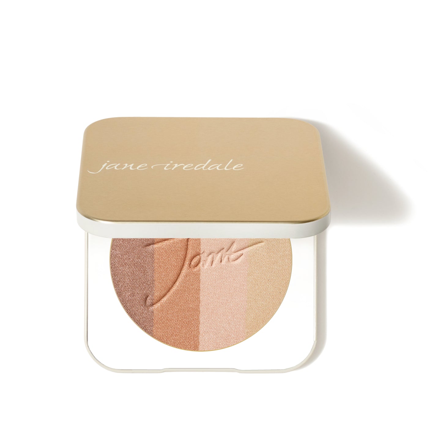 Jane Iredale PureBronze™ Shimmer Bronzer Palette Refill featuring gradient shimmery stripes in a gold compact, ideal for multipurpose radiant looks.