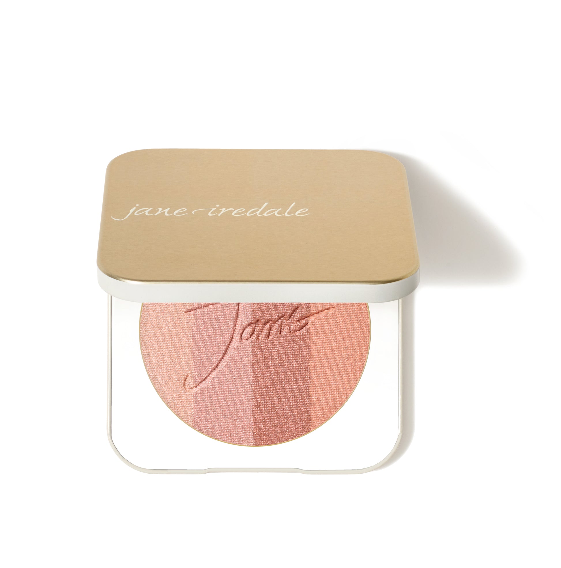 Jane Iredale PureBronze™ Shimmer Bronzer Palette Refill featuring a two-tone blush in a pale gold compact, perfect for a radiant, glowing look.