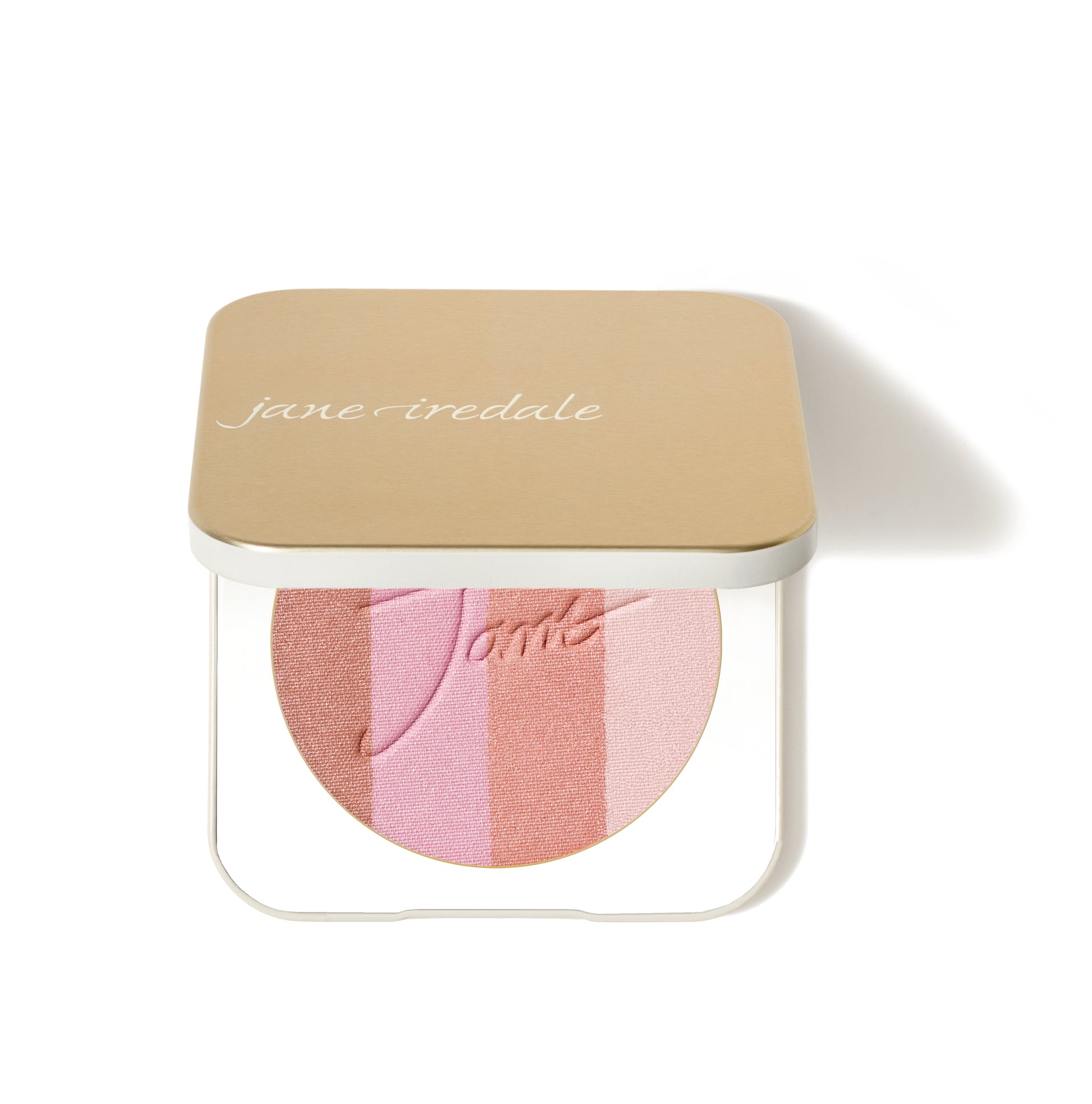 Jane Iredale PureBronze™ Shimmer Bronzer Palette Refill with pink, coral, and peach stripes, offering versatile, radiant glow options in a refillable compact.