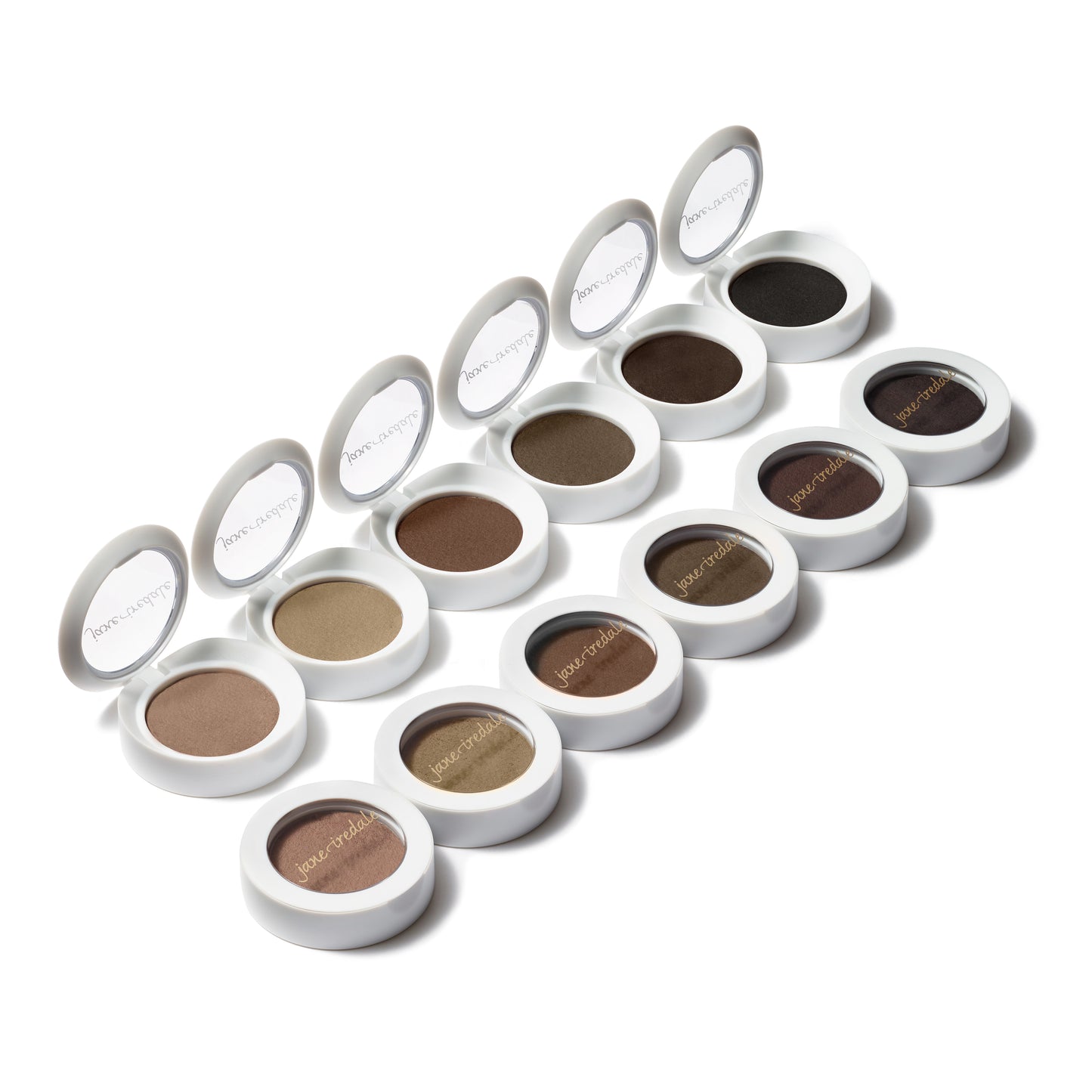 PureBrow® Brow Powder compacts in open and closed states, displaying a range of shades for natural, long-lasting brow definition and shaping.