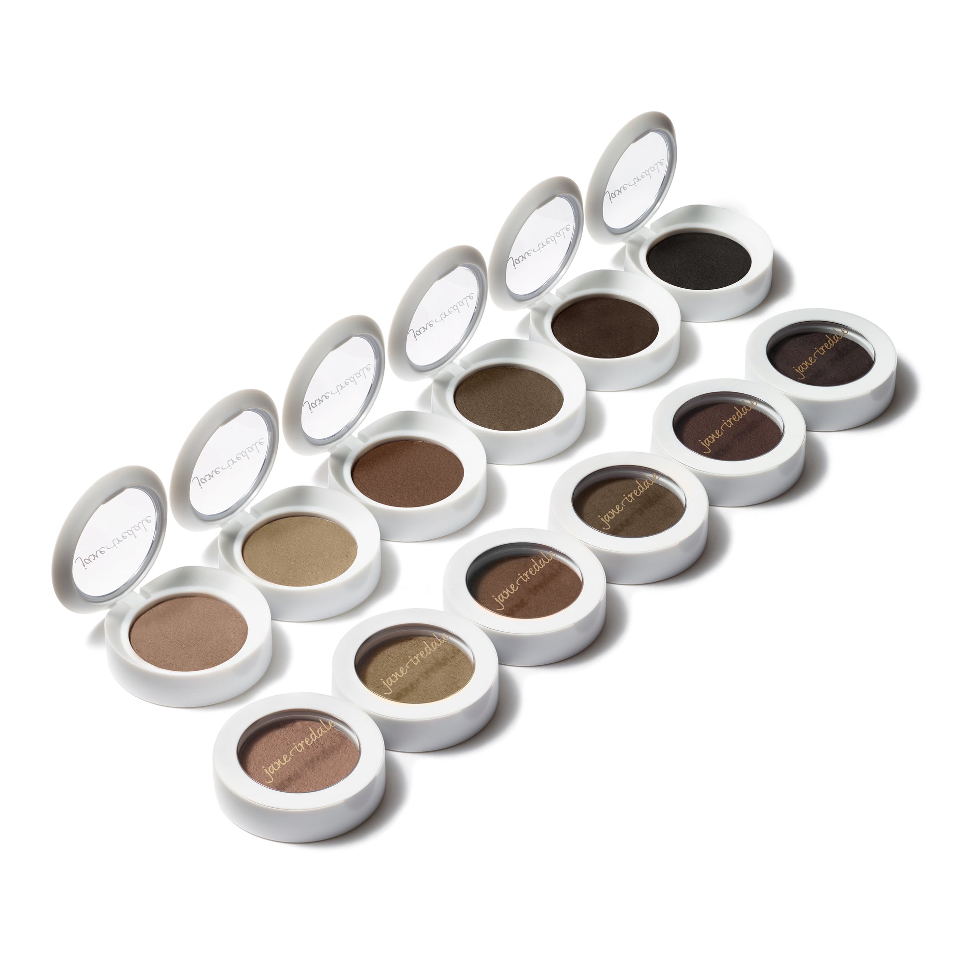 PureBrow® Brow Powder compacts in open and closed states, displaying a range of shades for natural, long-lasting brow definition and shaping.