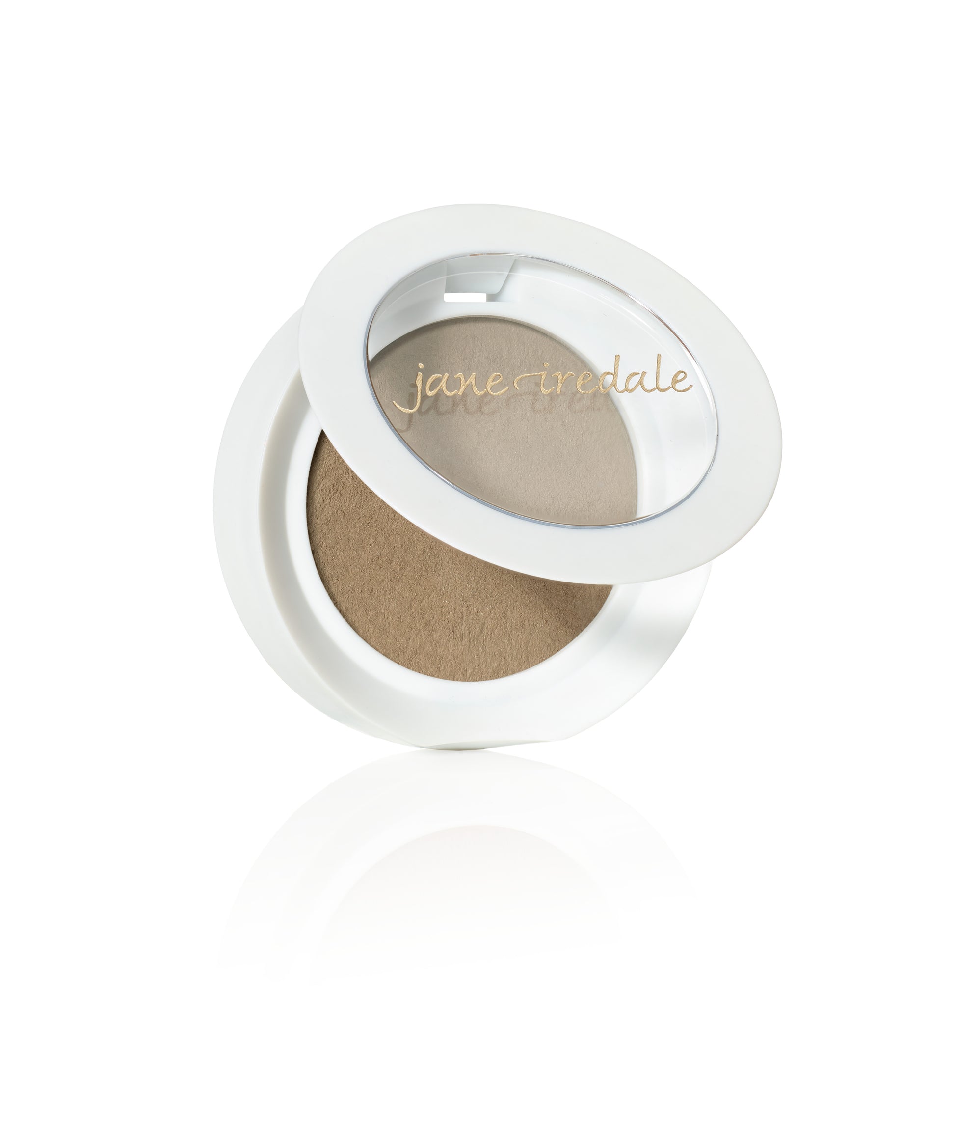Jane Iredale PureBrow® Brow Powder in a white compact with a clear lid, showcasing a single pan of finely milled, blendable brow powder.