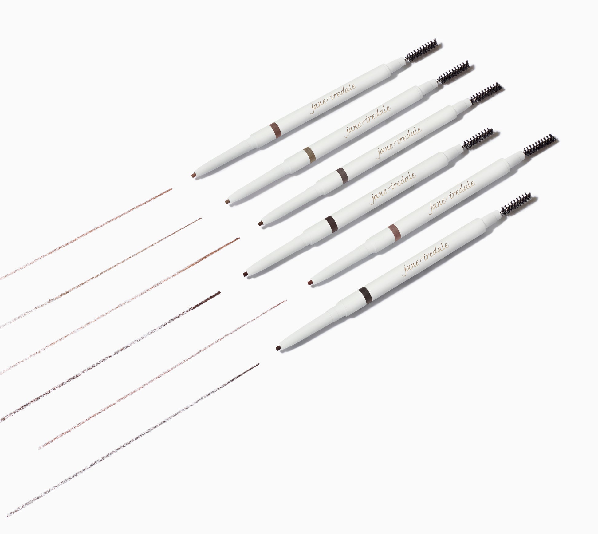 Six PureBrow® Precision Pencils diagonally arranged, showcasing retractable tips and spoolie brushes, alongside swatched brow shades from light to dark.