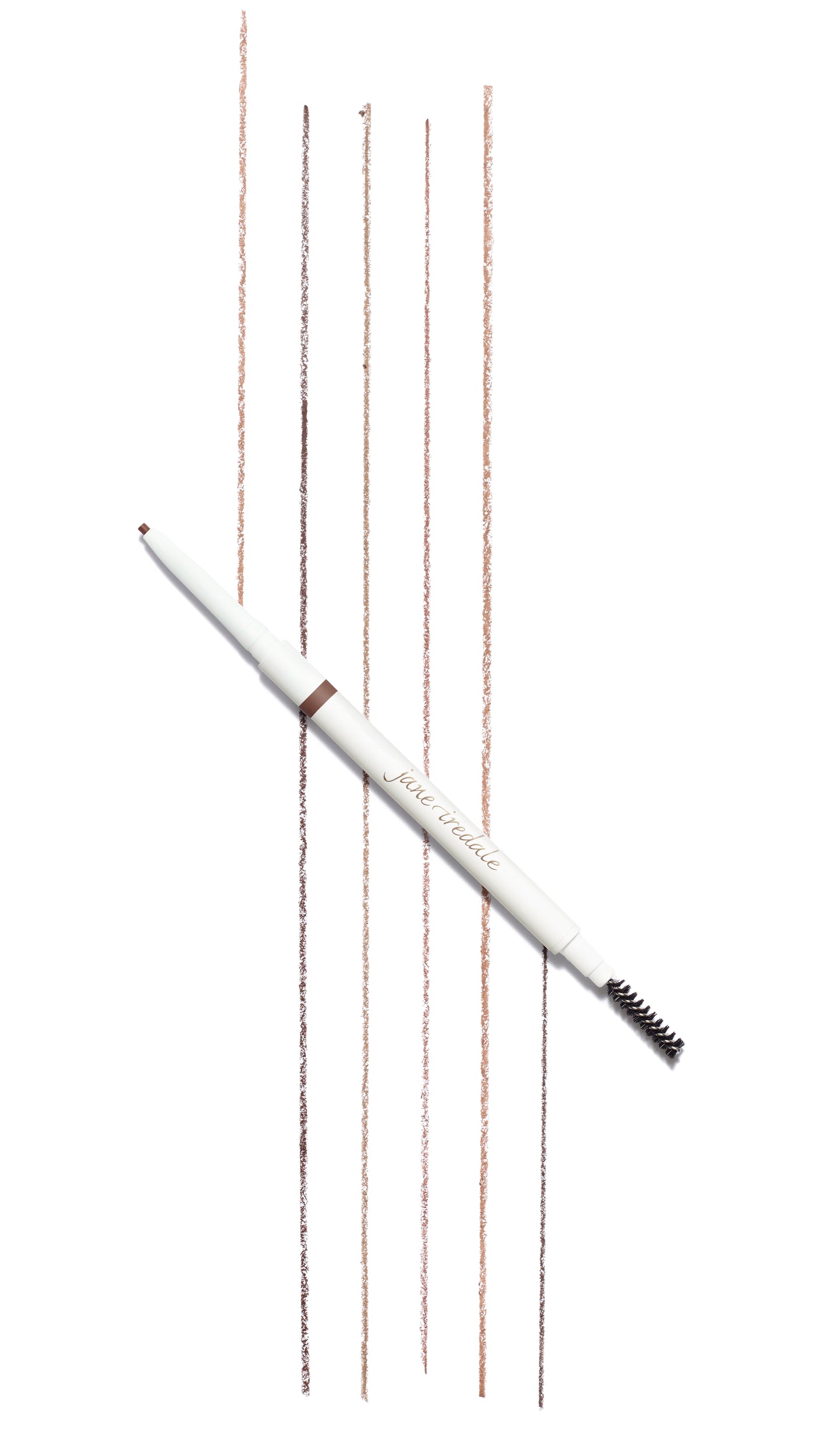 Jane Iredale's PureBrow® Precision Pencil, dual-ended with micro-tip and spoolie, shown with five brown shade swatches for natural, full-looking brows.