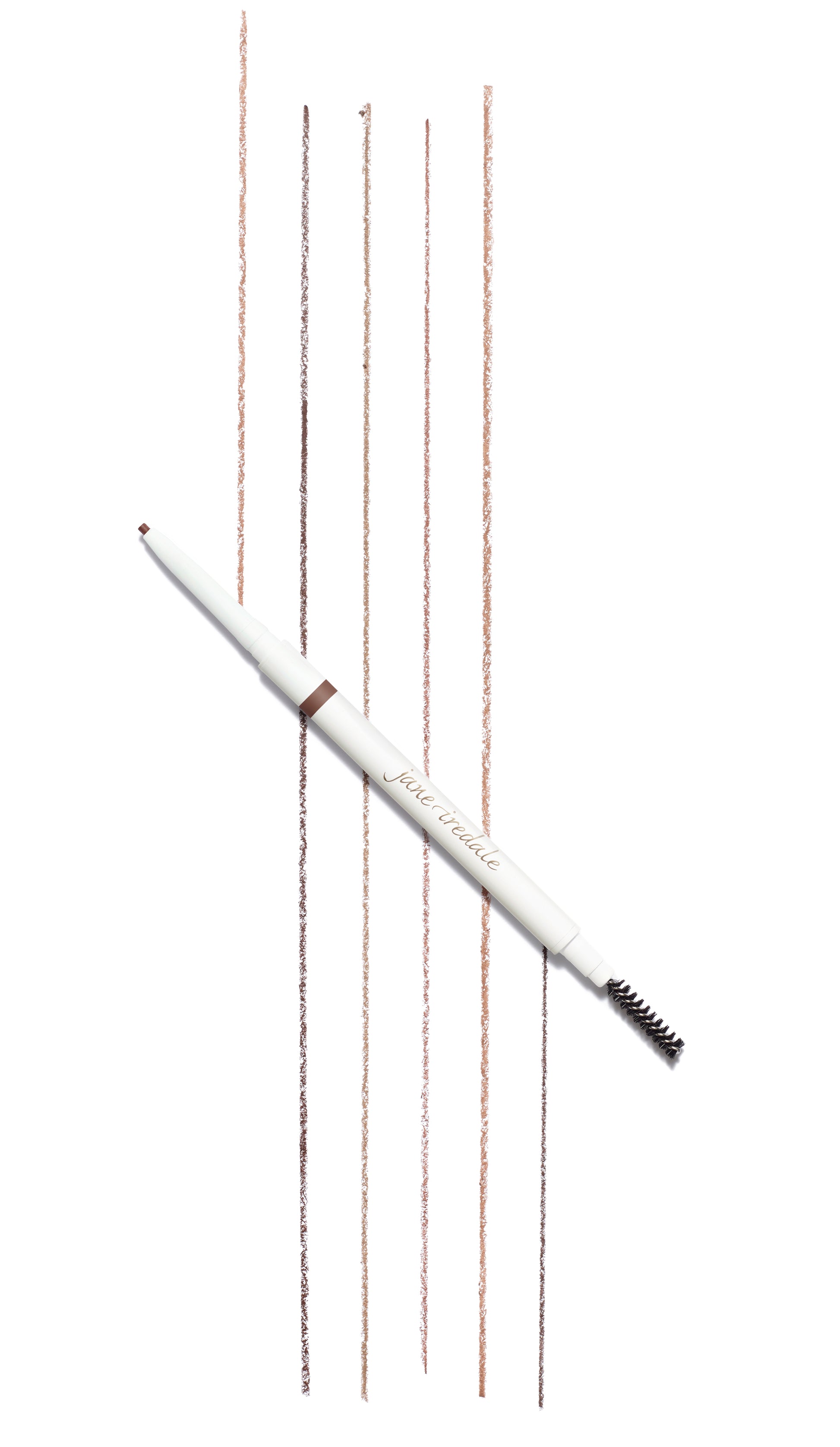 Jane Iredale's PureBrow® Precision Pencil, dual-ended with micro-tip and spoolie, shown with five brown shade swatches for natural, full-looking brows.