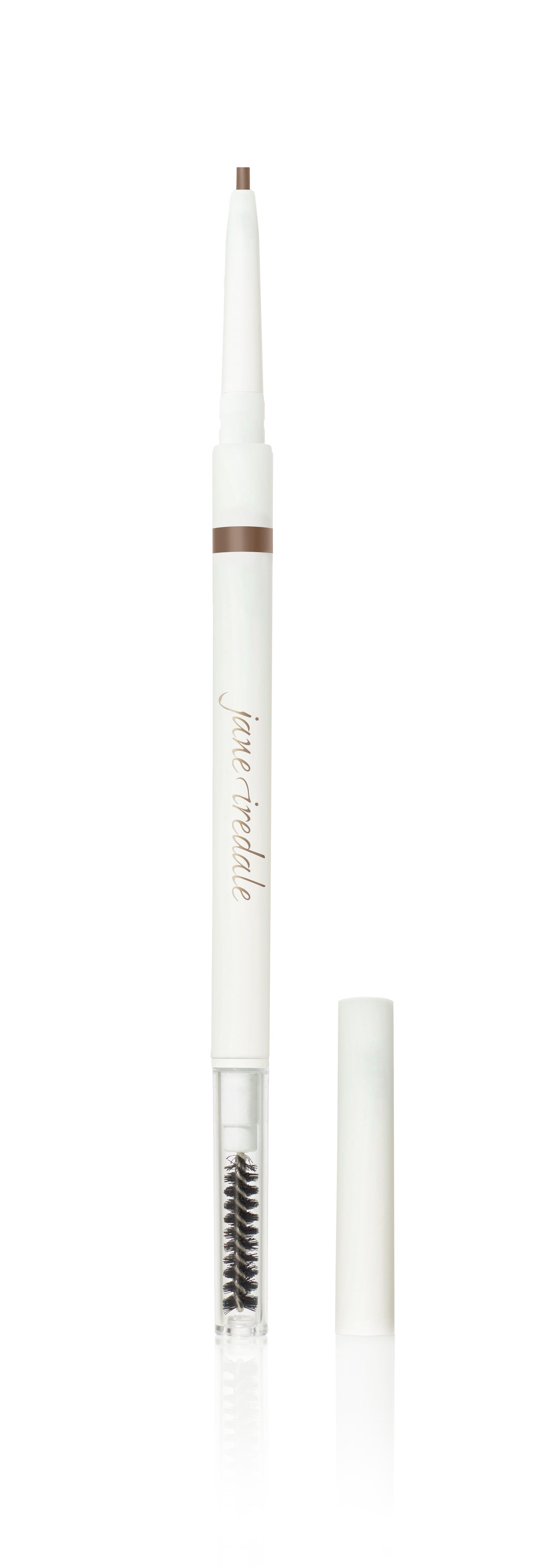 PureBrow® Precision Pencil with dual ends: a medium brown retractable brow pencil for natural, hair-like strokes and a spoolie brush for blending.
