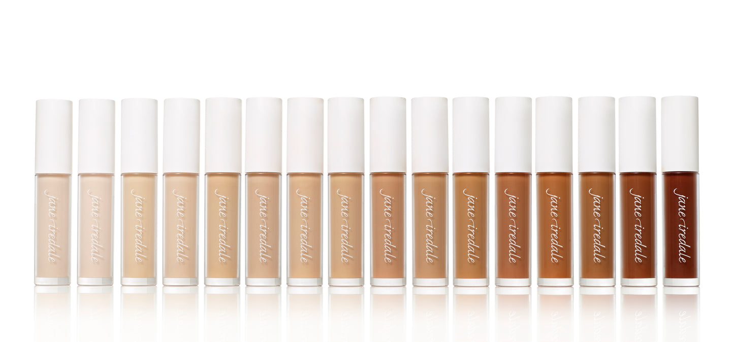 PureMatch™ Liquid Concealer lineup of 16 shades from light to dark, showcasing inclusive range with jane iredale branding, featuring buildable, natural finish.