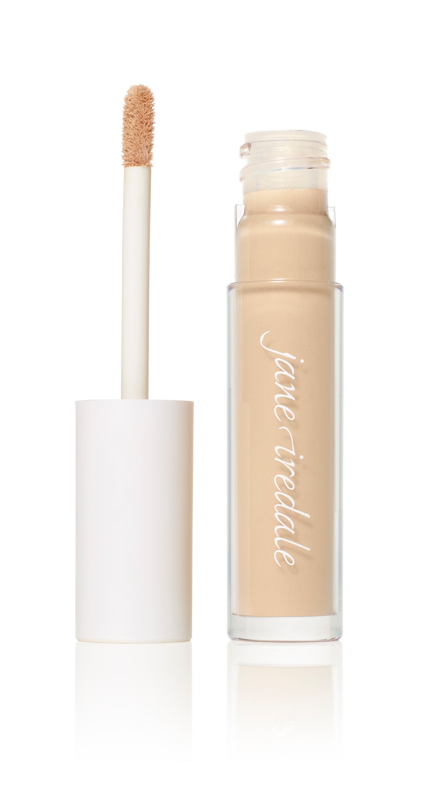 Jane Iredale PureMatch™ Liquid Concealer, a clear tube with white cap and doe-foot applicator, offers buildable, natural coverage in 16 inclusive shades.