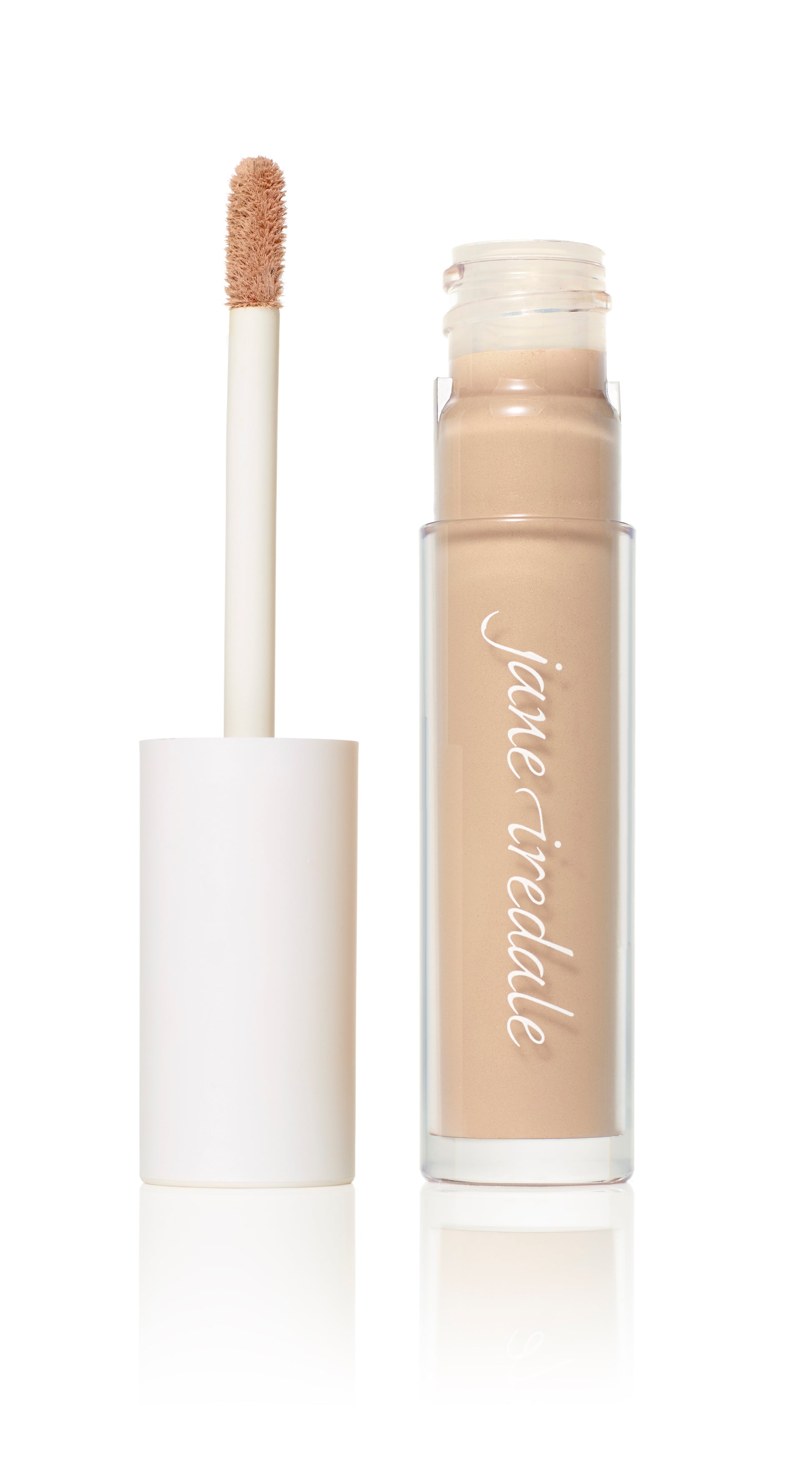 PureMatch™ Liquid Concealer by Jane Iredale, shown with a doe-foot applicator, offers seamless, buildable coverage and a natural finish, available in 16 inclusive shades.