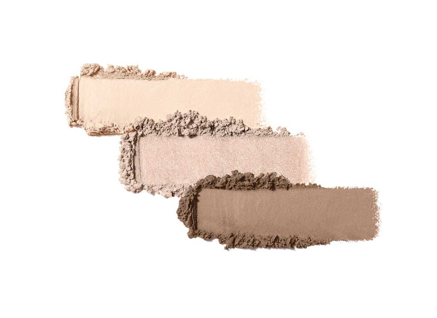PurePressed® Eye Shadow Triple displays crushed powder swatches in beige, sandy, and taupe hues, highlighting its blendable, talc-free formula by Rose-Marie Swift.