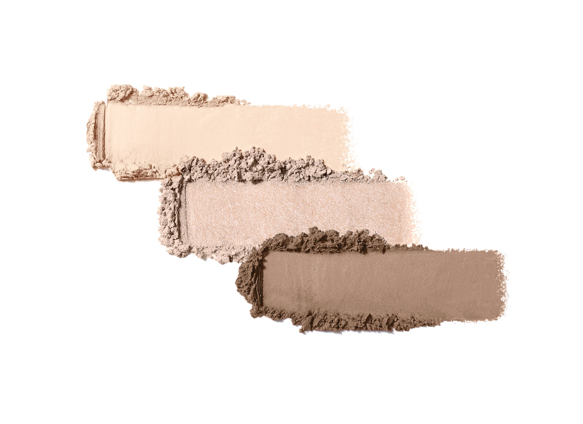 PurePressed® Eye Shadow Triple displays crushed powder swatches in beige, sandy, and taupe hues, highlighting its blendable, talc-free formula by Rose-Marie Swift.