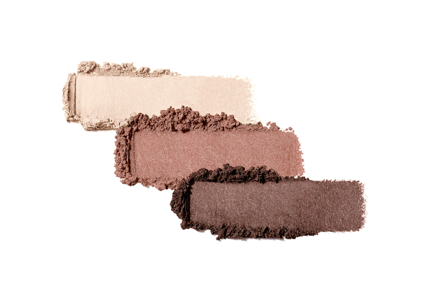 PurePressed® Eye Shadow Triple featuring ivory, rosy-brown, and bronze shades, showcasing a textured, blendable, talc-free formula for versatile eye looks.
