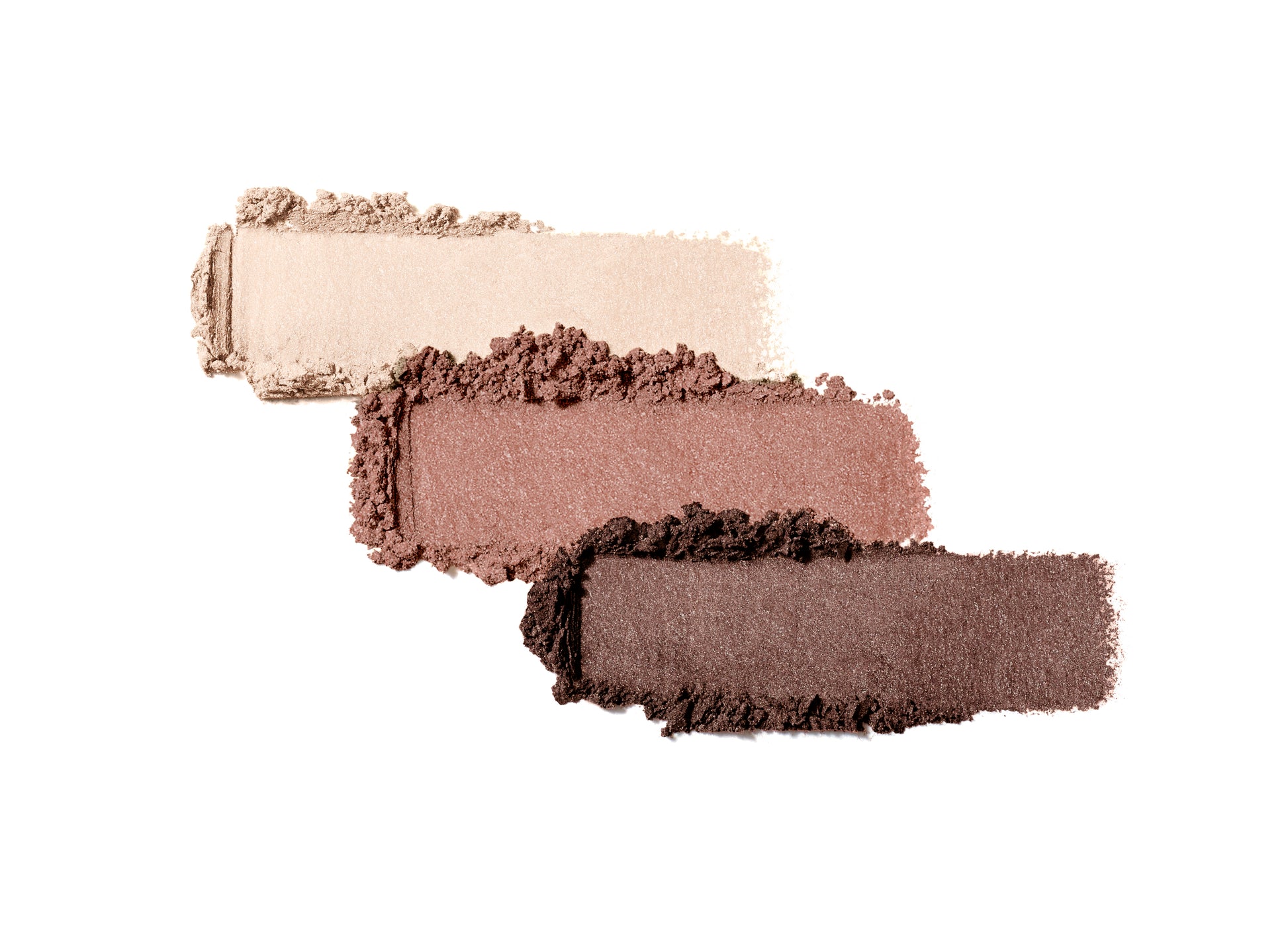 PurePressed® Eye Shadow Triple featuring ivory, rosy-brown, and bronze shades, showcasing a textured, blendable, talc-free formula for versatile eye looks.