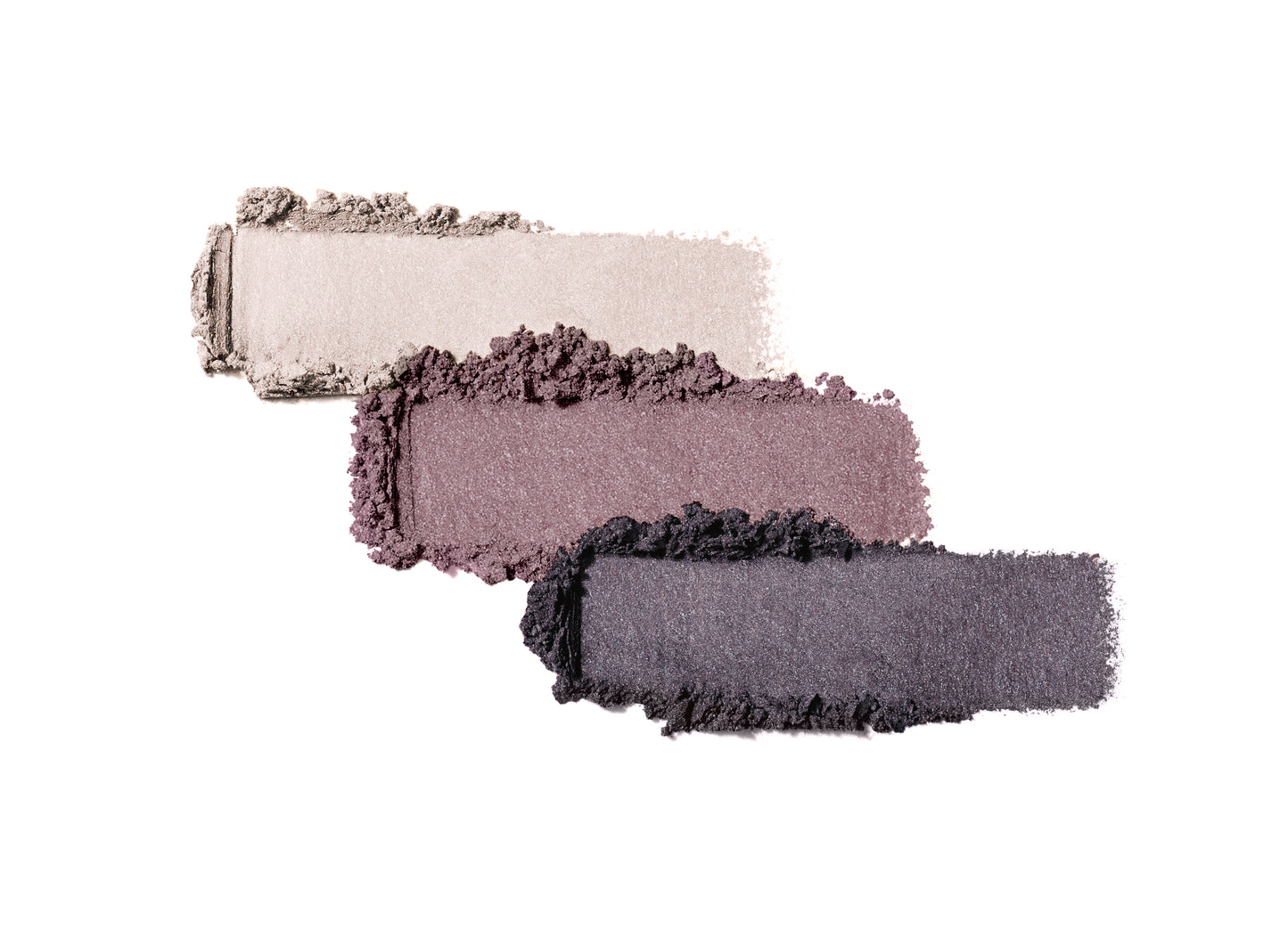 PurePressed® Eye Shadow Triple features three crushed pigment swatches: pearly beige, mauve-rose, and shimmering charcoal, ideal for versatile eye looks.