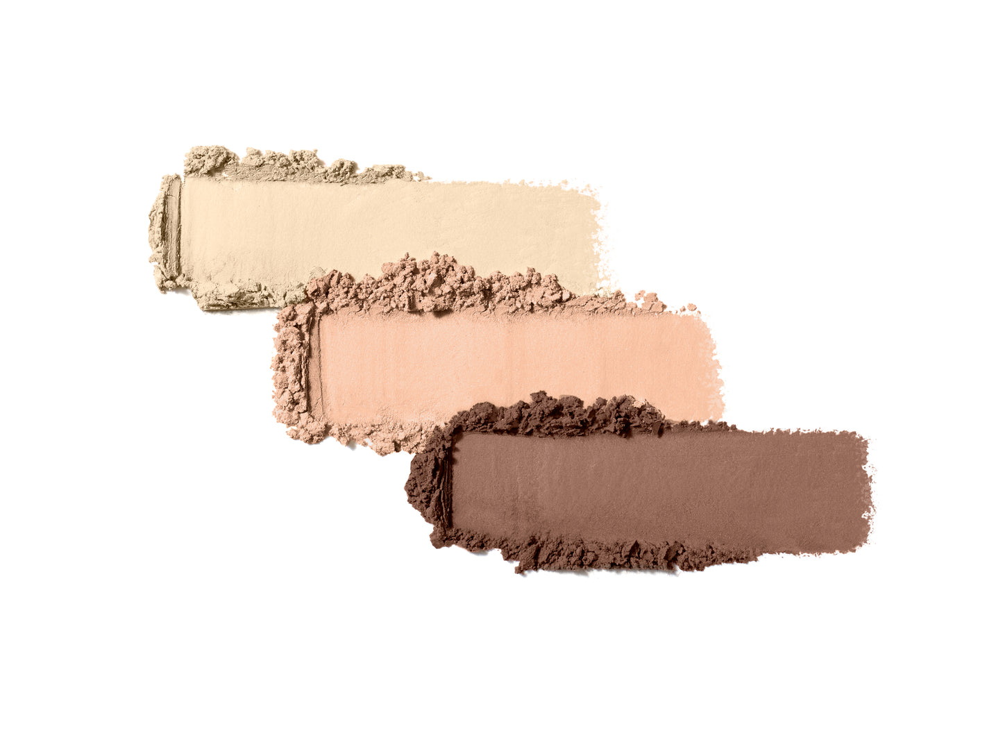 PurePressed® Eye Shadow Triple: Three crushed swatches in beige-cream, peachy-nude, and chocolate-brown, showcasing a talc-free, vegan formula for versatile eye looks.