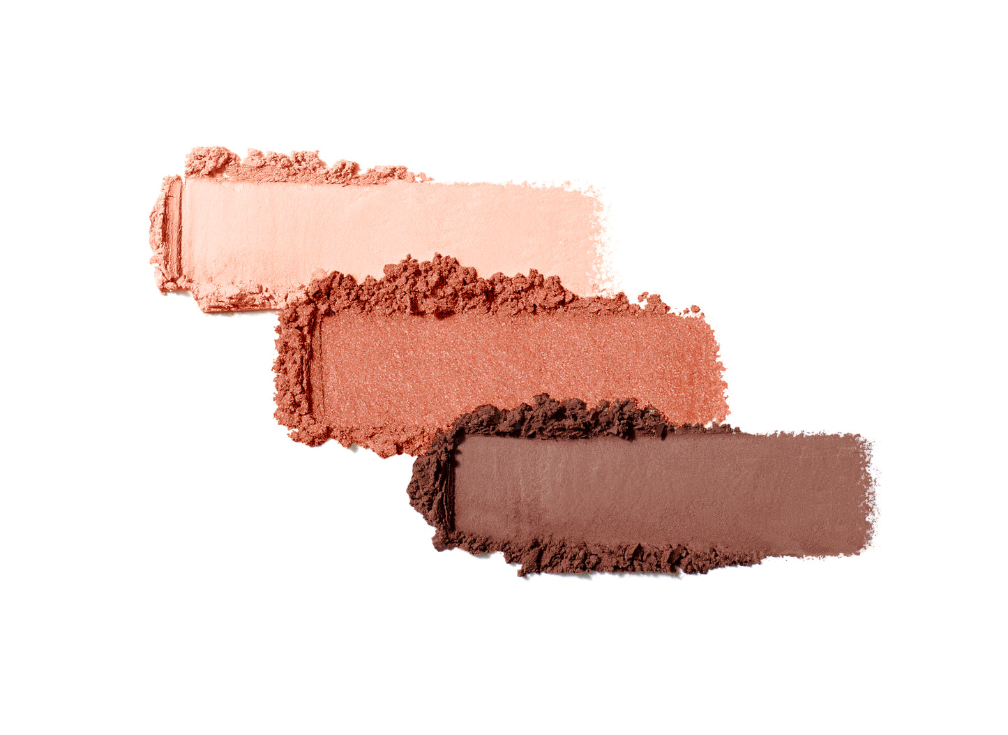 PurePressed® Eye Shadow Triple showing peachy-pink, coral-peach, and medium brown crushed powders, highlighting the blendable, talc-free formula curated by makeup artist Rose-Marie Swift.