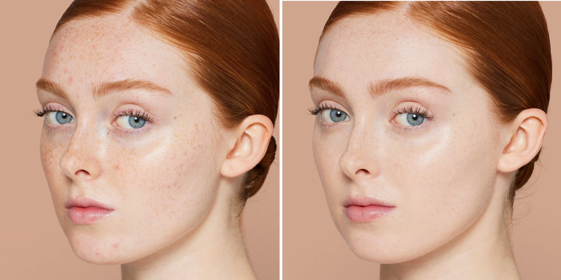 Side-by-side of a woman's face before and after using Skintuition SPF 30 Radiance-Boosting Liquid Foundation, showcasing smoother, even complexion.