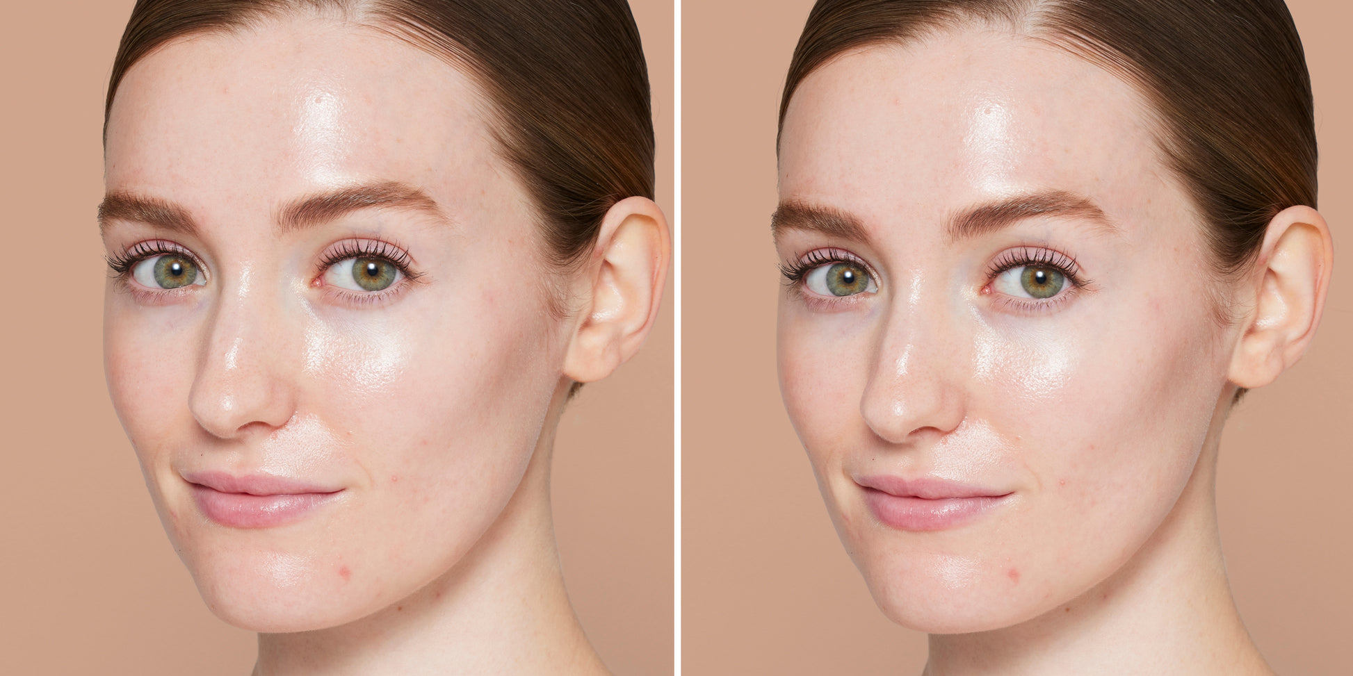 Young woman with clear, dewy skin showcasing the effects of Skintuition SPF 30 Radiance-Boosting Liquid Foundation; emphasizes her natural complexion and subtle makeup look.