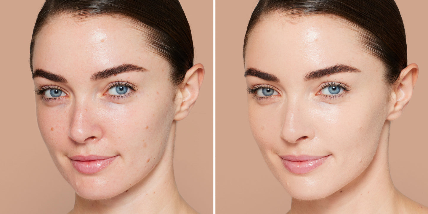 Side-by-side portrait showing before and after effects of Skintuition SPF 30 Radiance-Boosting Liquid Foundation, highlighting its complexion-smoothing and nourishing properties.