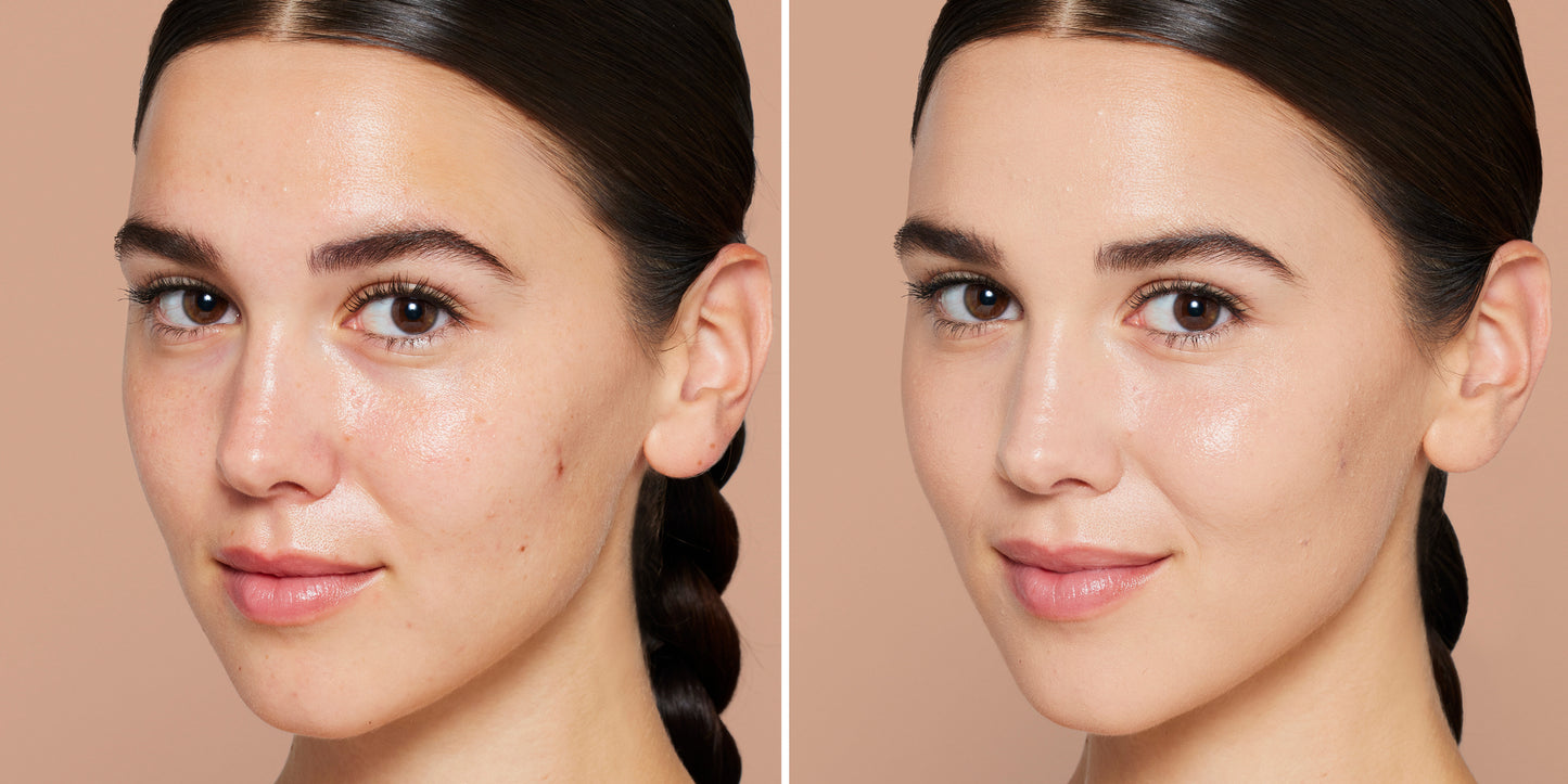 Split-panel of a woman's face showcasing the before and after effect of Skintuition SPF 30 Radiance-Boosting Liquid Foundation, highlighting skin-smoothing and coverage benefits.