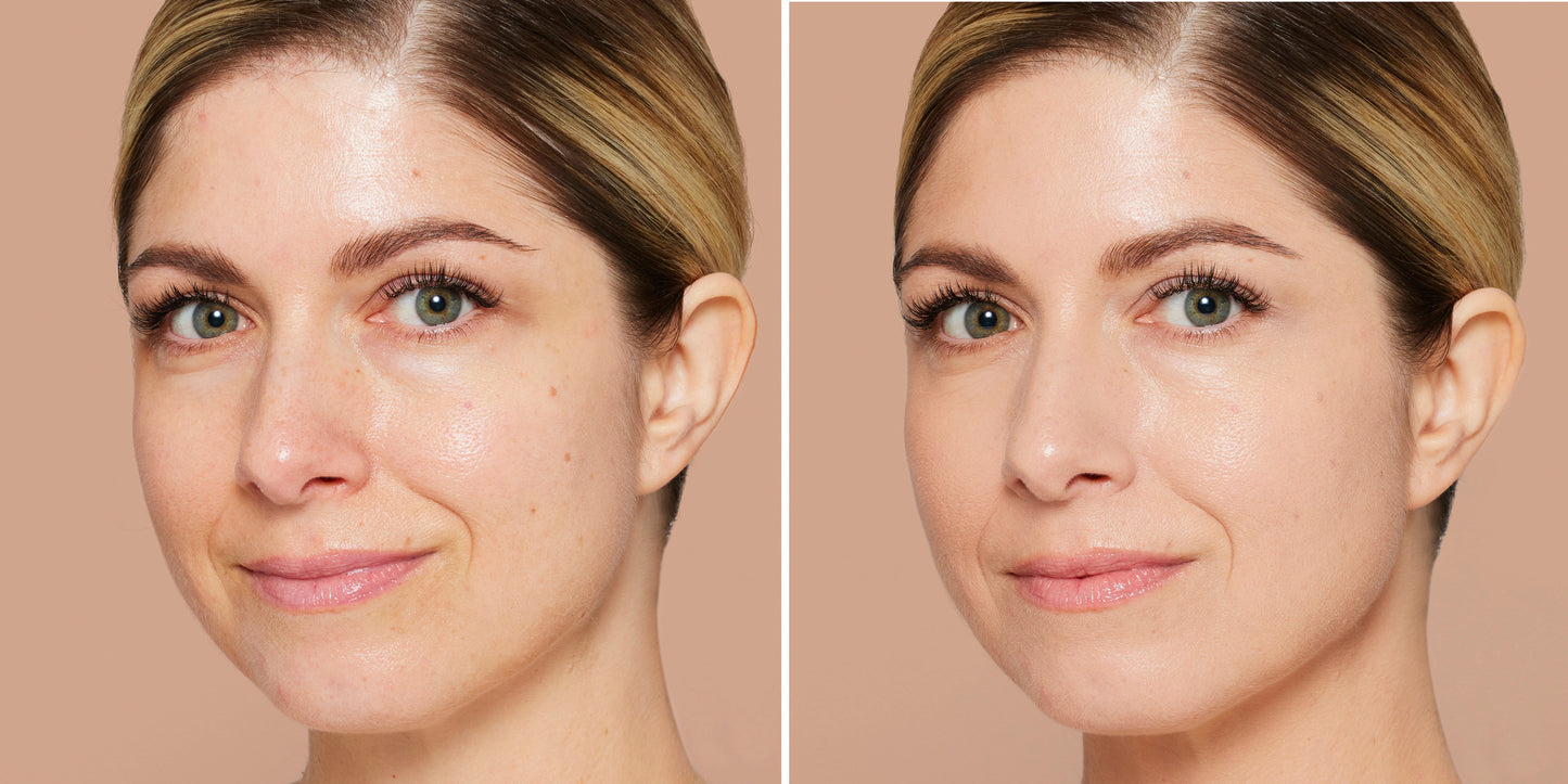 Skintuition SPF 30 Radiance-Boosting Liquid Foundation before-and-after: left shows bare skin texture; right reveals smoother, even complexion post-application, highlighting its nourishing, luminous coverage.