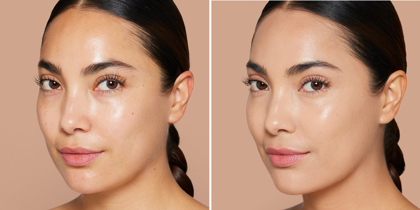 Split-frame portrait of a woman's face showing a before and after effect using Skintuition SPF 30 Radiance-Boosting Liquid Foundation, highlighting enhanced skin tone and subtle makeup finish.