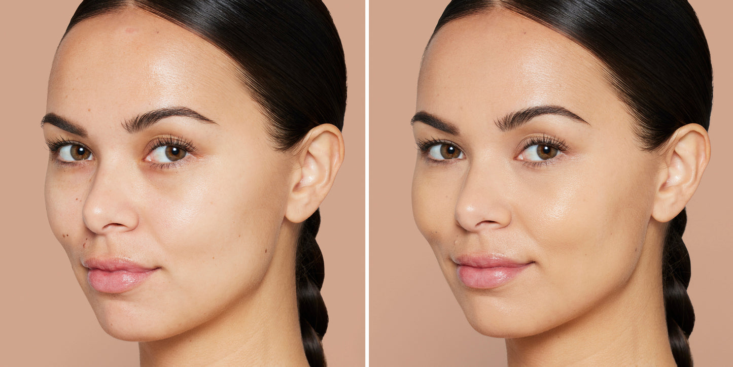 Woman's face before and after applying Skintuition SPF 30 Radiance-Boosting Liquid Foundation, showing smoother, even complexion with reduced discoloration and blemishes.