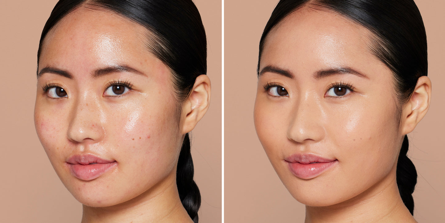 Skintuition SPF 30 Radiance-Boosting Liquid Foundation: Compares bare skin to smooth, even complexion, highlighting its medium-to-full coverage and nourishing formula with skincare benefits.