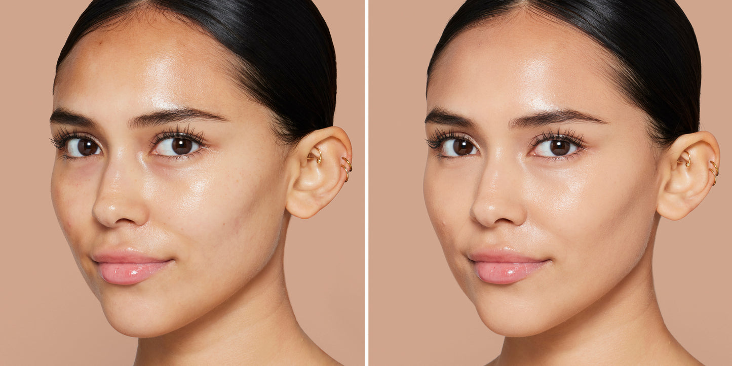 Side-by-side of a woman's face showing Skintuition SPF 30 Radiance-Boosting Liquid Foundation effects: natural on left, smooth and glowing on right.