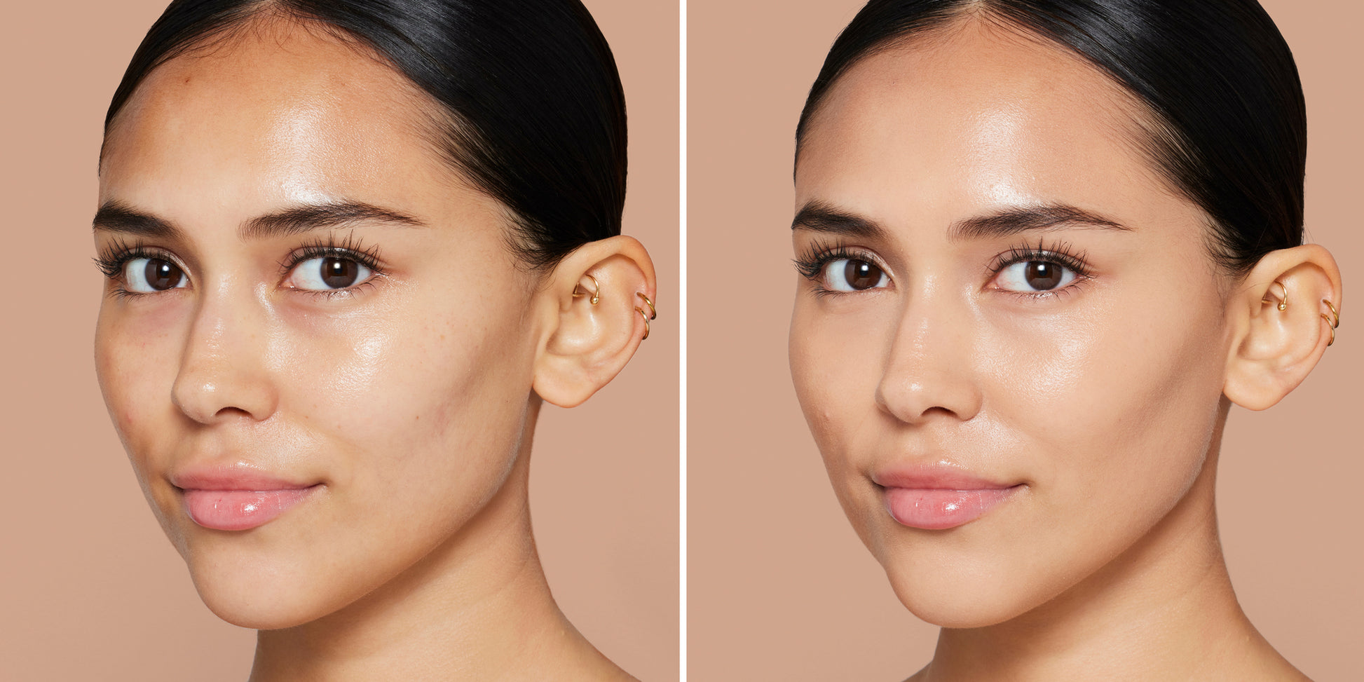 Side-by-side of a woman's face showing Skintuition SPF 30 Radiance-Boosting Liquid Foundation effects: natural on left, smooth and glowing on right.