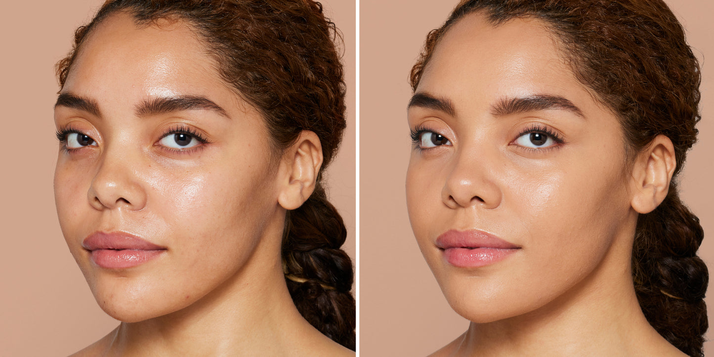 Side-by-side portrait showing Skintuition SPF 30 Radiance-Boosting Liquid Foundation's effect, highlighting smoother, even complexion on the right, demonstrating its medium-to-full coverage and nourishing benefits.