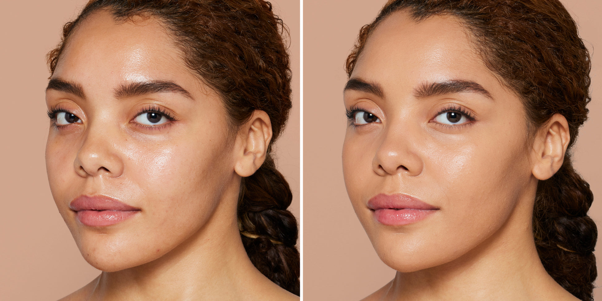 Side-by-side portrait showing Skintuition SPF 30 Radiance-Boosting Liquid Foundation's effect, highlighting smoother, even complexion on the right, demonstrating its medium-to-full coverage and nourishing benefits.