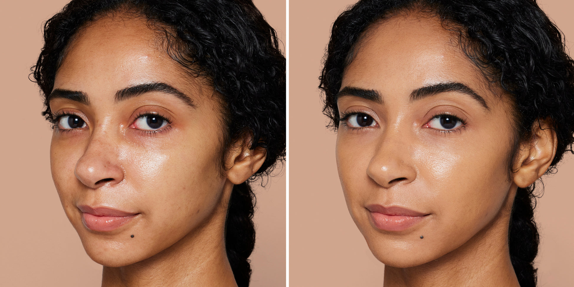 Woman's face before and after applying Skintuition SPF 30 Radiance-Boosting Liquid Foundation, showing improved, even complexion with skincare benefits.