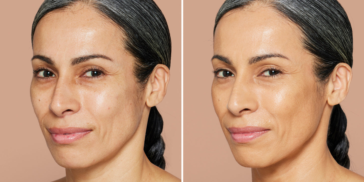 Side-by-side of woman before and after using Skintuition SPF 30 Radiance-Boosting Liquid Foundation, showing improved, even complexion with luminous finish.