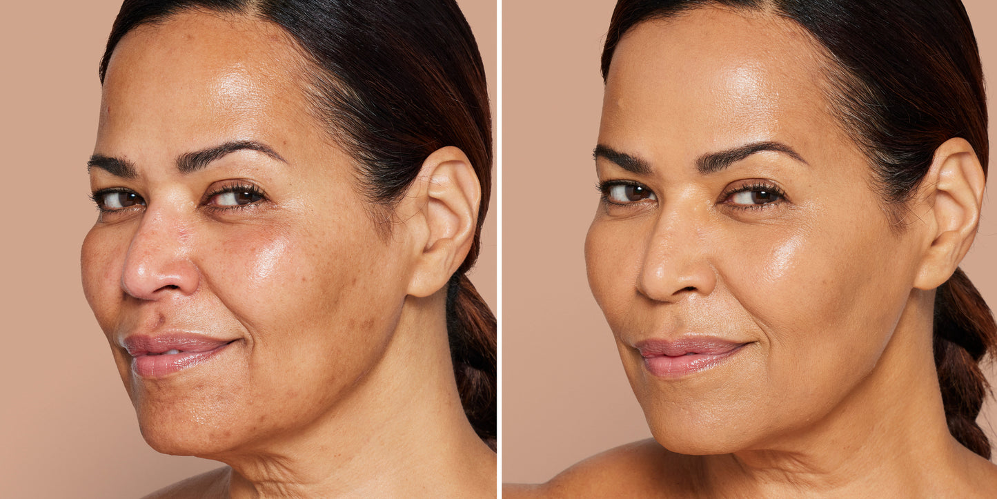 Split image of a woman shows before and after effects of Skintuition SPF 30 Radiance-Boosting Liquid Foundation, highlighting smoother, more even skin tone.