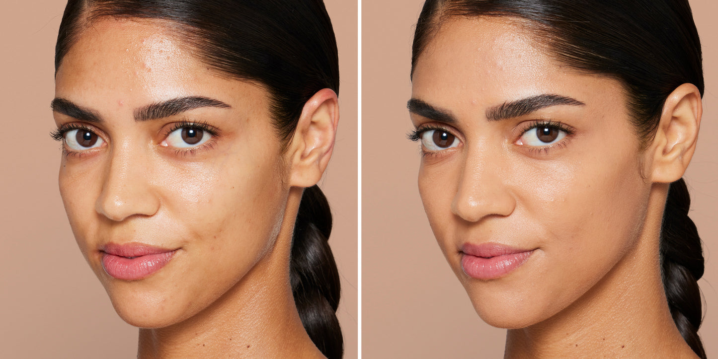 Before-and-after close-ups of a woman's face using Skintuition SPF 30 Radiance-Boosting Liquid Foundation, highlighting improved skin texture and tone for a luminous finish.