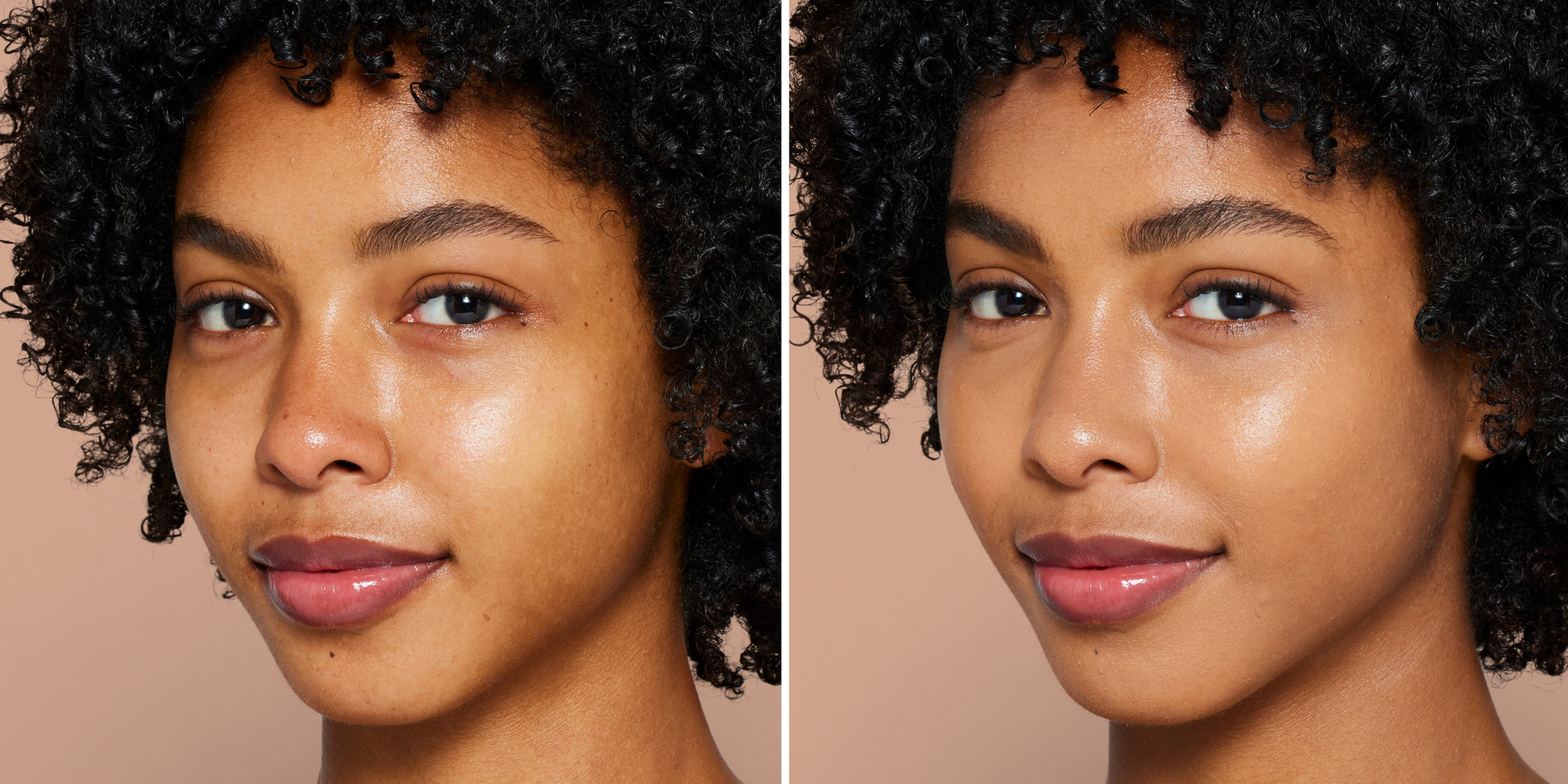 Split-screen portrait of a young woman before and after using Skintuition SPF 30 Radiance-Boosting Liquid Foundation, showcasing its smoothing, luminous finish.