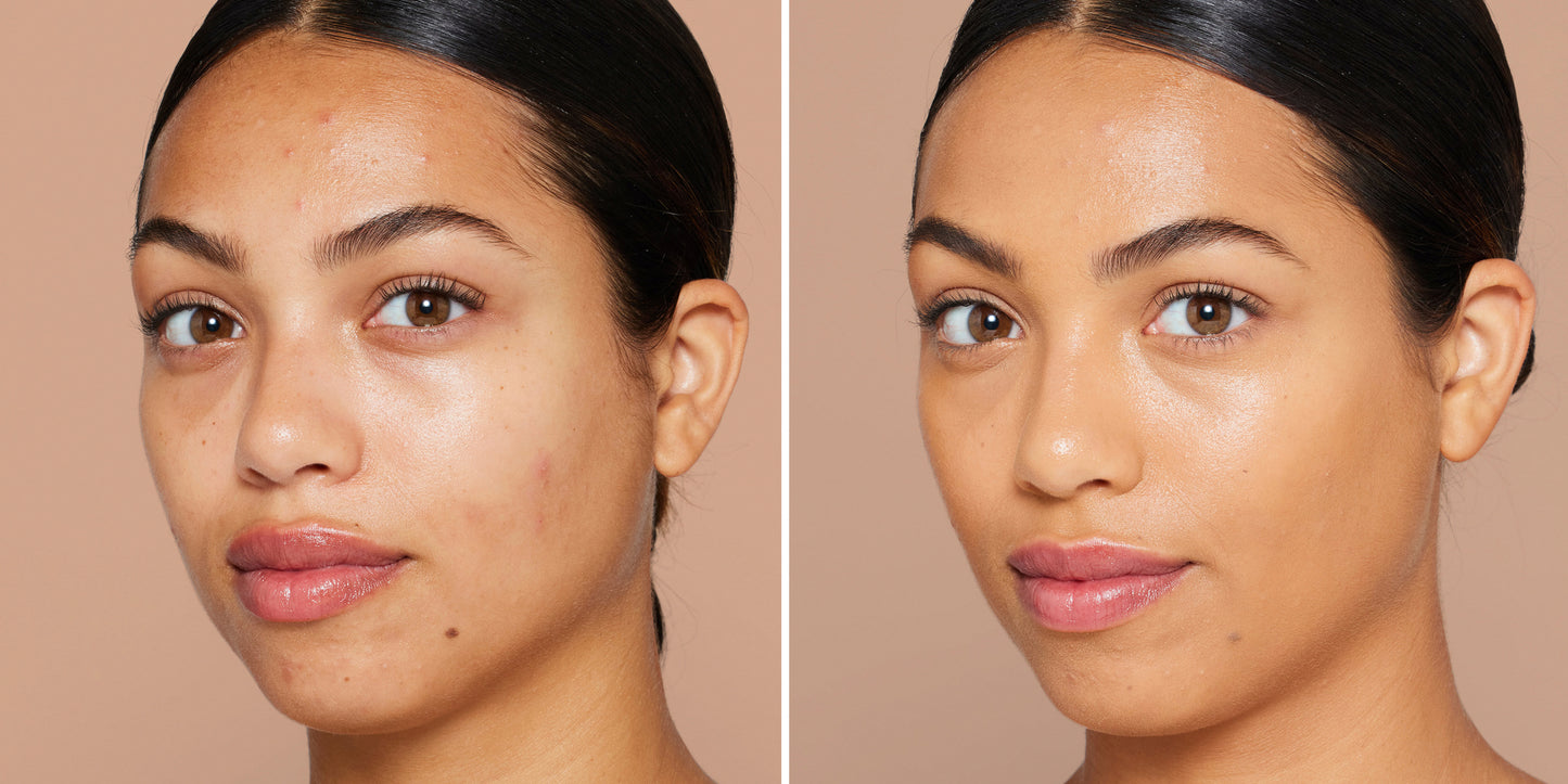 Before-and-after of a woman using Skintuition SPF 30 Radiance-Boosting Liquid Foundation, showcasing improved skin tone and smoothness with medium coverage.