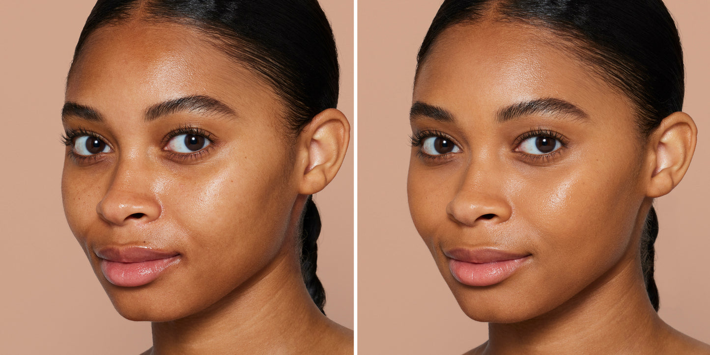 A woman's face before and after using Skintuition SPF 30 Radiance-Boosting Liquid Foundation, showcasing its smoothing, luminous finish with skincare benefits.