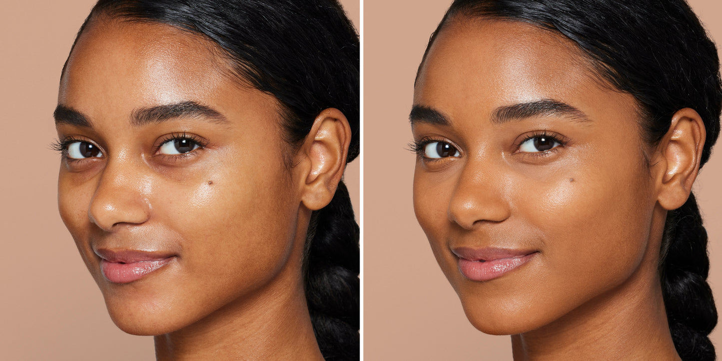Young woman in side-by-side portraits shows natural and airbrushed effects of Skintuition SPF 30 Radiance-Boosting Liquid Foundation, highlighting smooth, radiant skin.