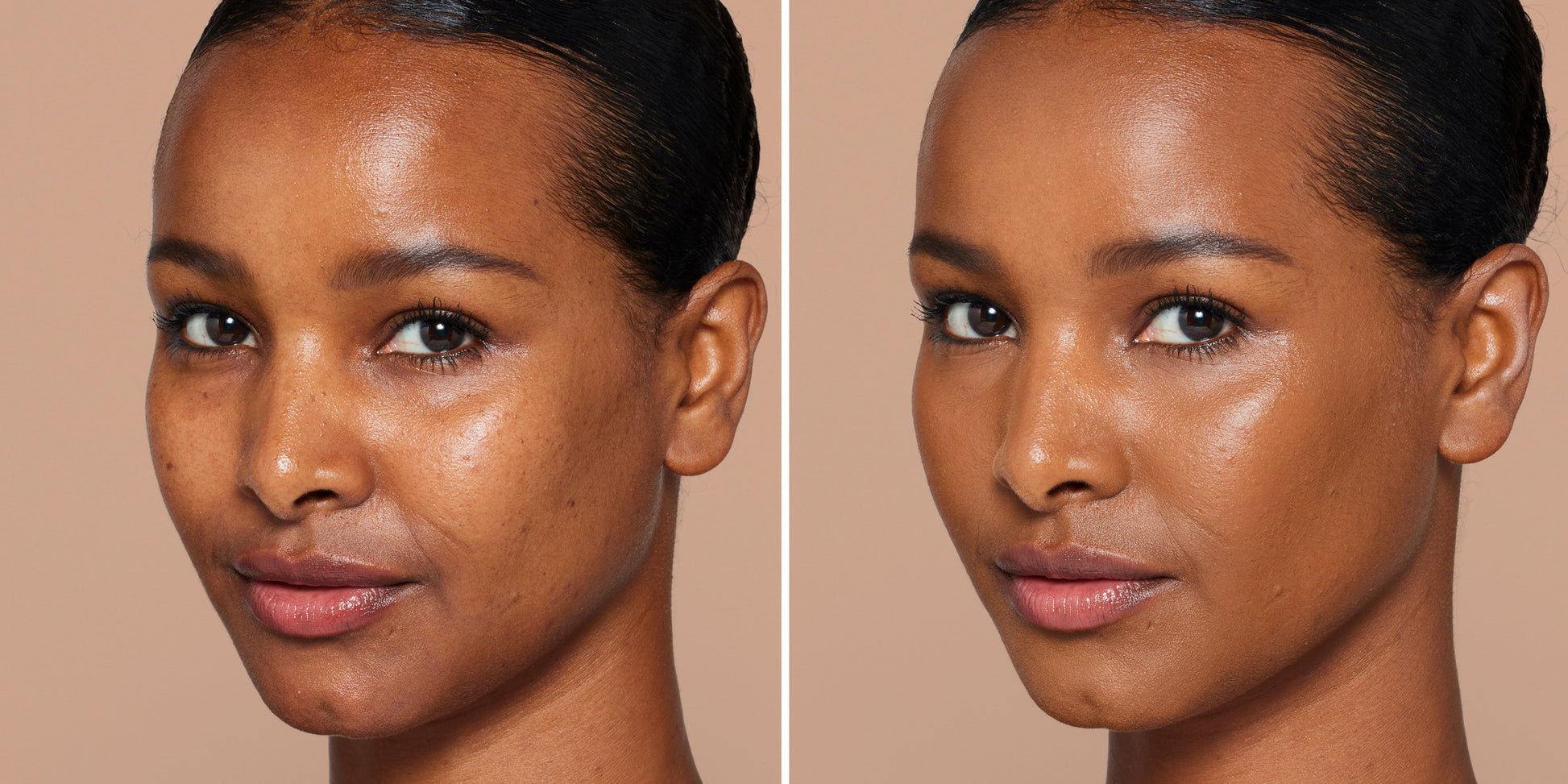 Side-by-side portrait of a woman before and after applying Skintuition SPF 30 Radiance-Boosting Liquid Foundation, showcasing smoother, more even skin tone.