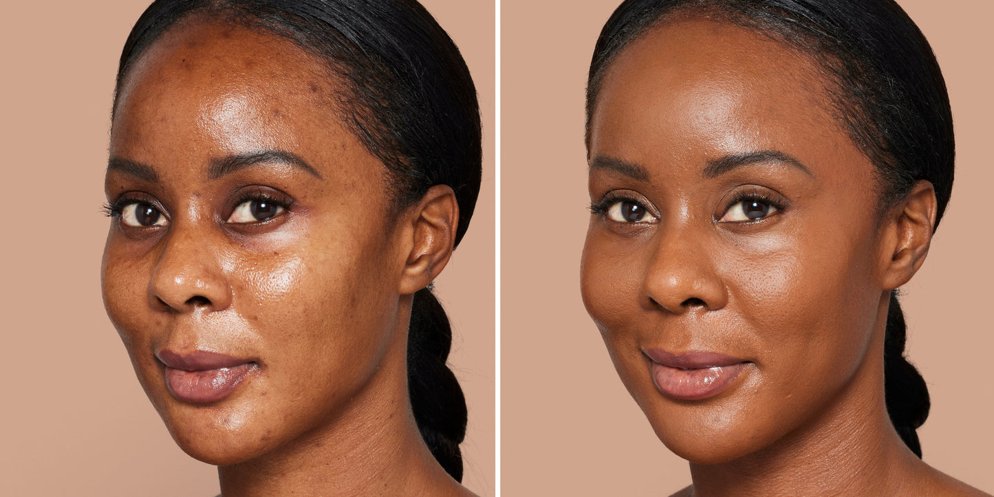 Split-screen portrait of a Black woman showing before and after effects of Skintuition SPF 30 Radiance-Boosting Liquid Foundation, illustrating smoother, even-toned skin.