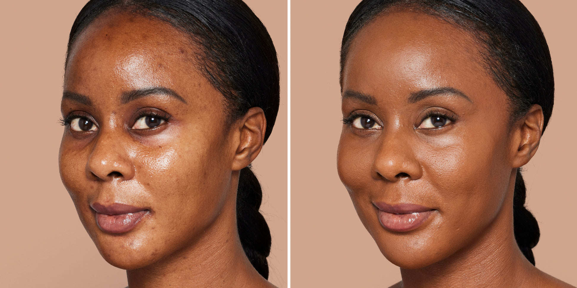 Split-screen portrait of a Black woman showing before and after effects of Skintuition SPF 30 Radiance-Boosting Liquid Foundation, illustrating smoother, even-toned skin.