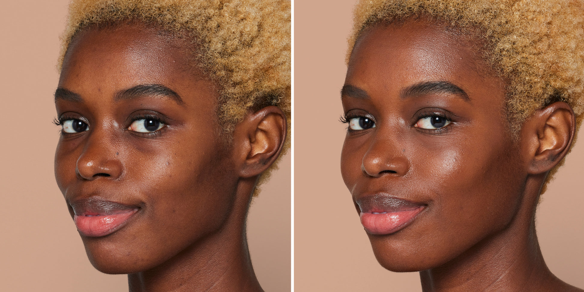 Young Black woman with short blond hair showcases Skintuition SPF 30 Radiance-Boosting Liquid Foundation's luminous finish in dual portraits, emphasizing natural glow and minimal makeup.