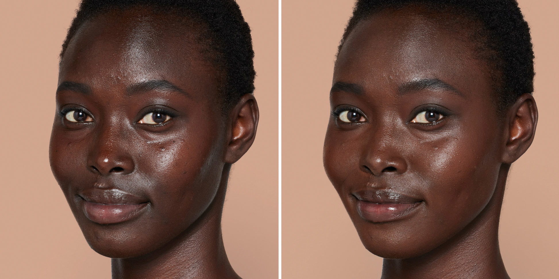 Side-by-side of a woman showcasing Skintuition SPF 30 Foundation's smoothing effect, highlighting its radiant, even finish and skincare benefits.