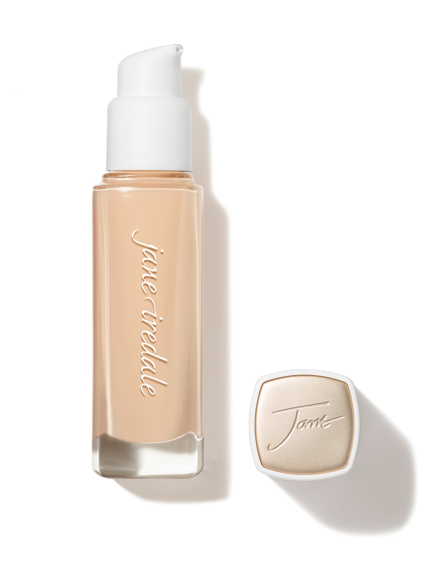 Skintuition SPF 30 Radiance-Boosting Liquid Foundation in a glass pump bottle with cap, offering medium-to-full coverage and skin nourishment with Hyaluronic Acid and Niacinamide.