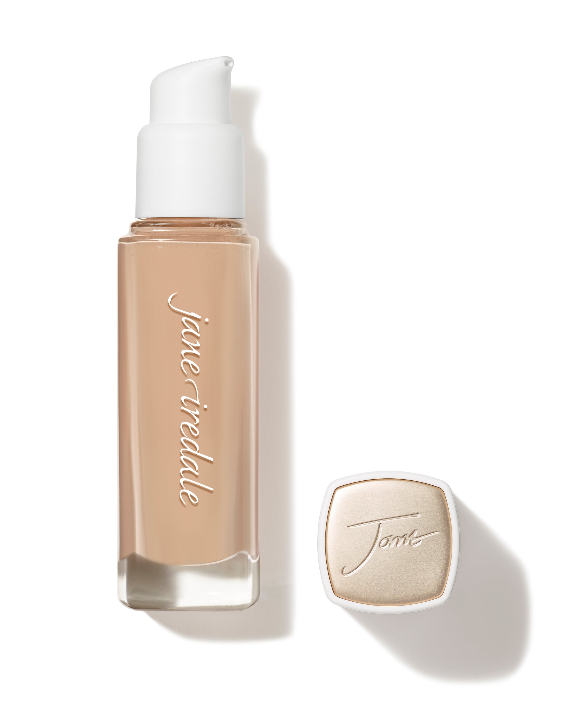 Jane Iredale Skintuition SPF 30 Radiance-Boosting Liquid Foundation in clear pump bottle, offering medium-to-full coverage with skincare benefits and a luminous finish.
