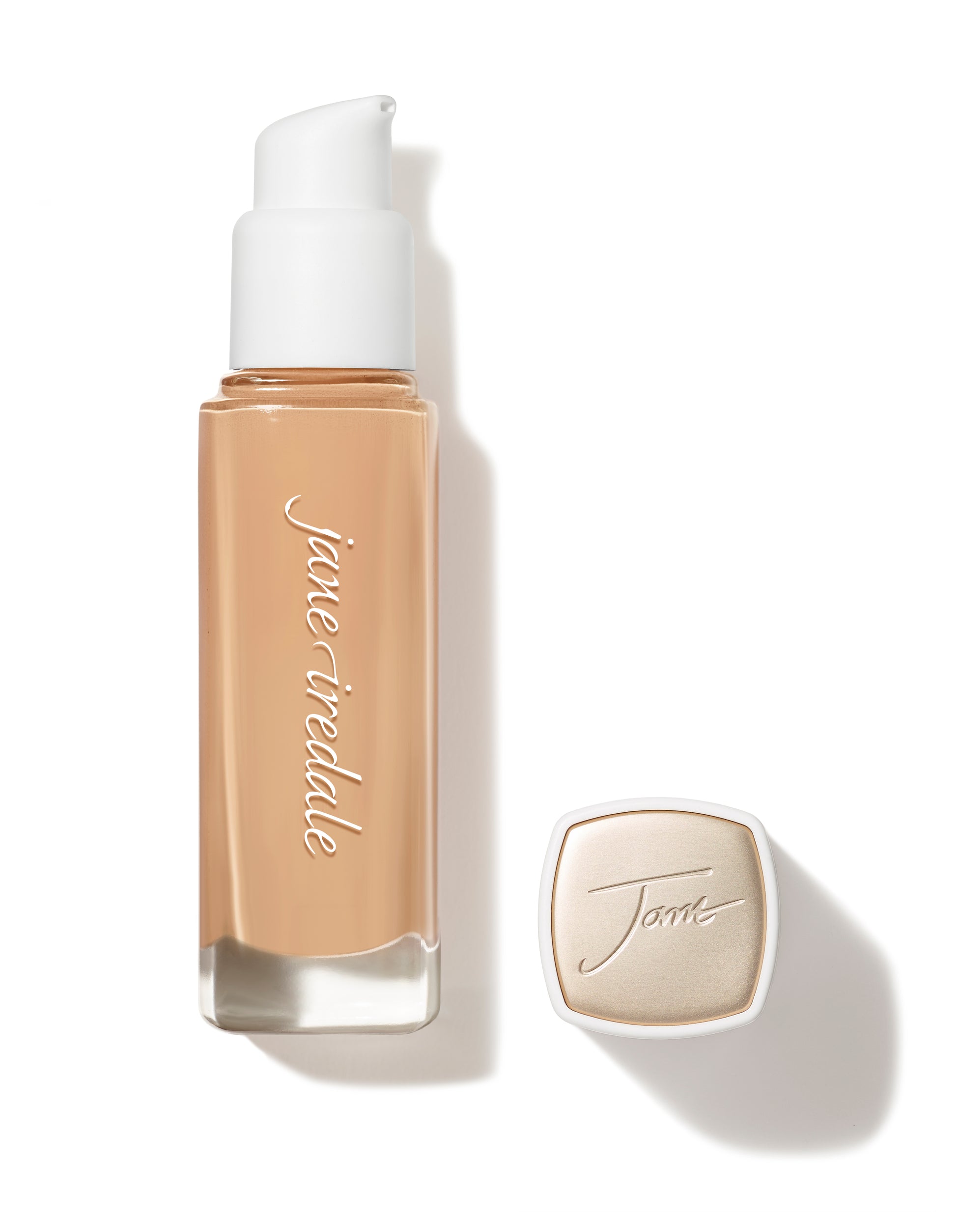 Jane Iredale Skintuition SPF 30 Radiance-Boosting Liquid Foundation with pump and cap, featuring medium-to-full coverage and skincare benefits, including Hyaluronic Acid and Niacinamide.