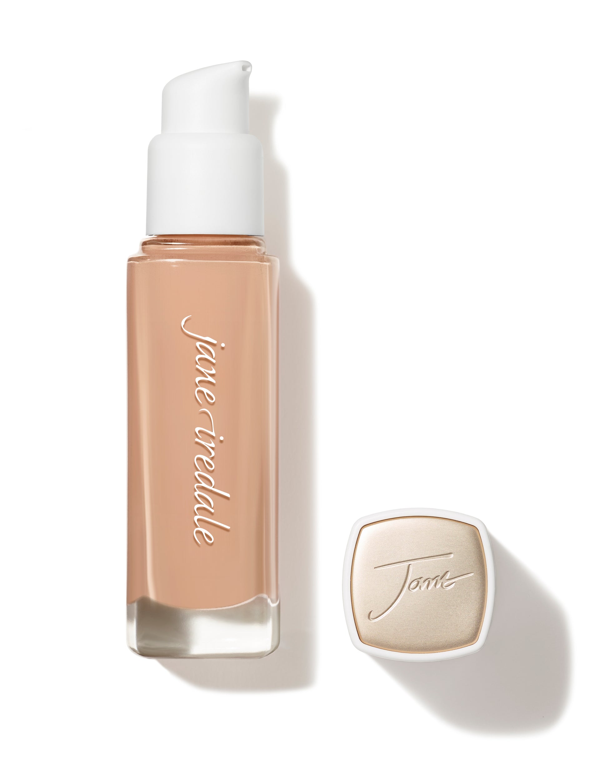 Jane Iredale Skintuition SPF 30 Radiance-Boosting Liquid Foundation duo: a skin-tone liquid in a pump bottle and matching gold-tone compact, offering skincare benefits and inclusive shades.